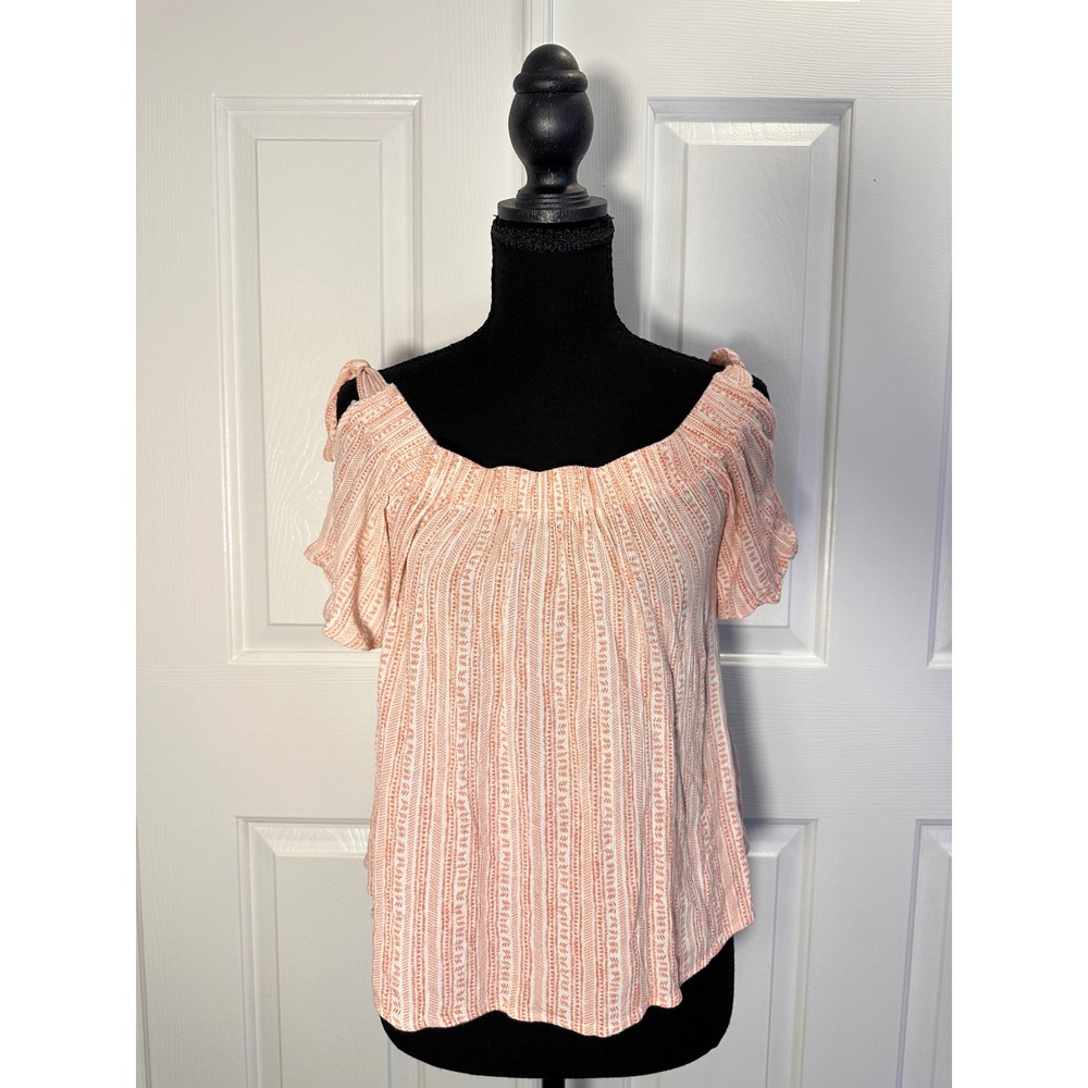 Forever 21 Contemporary Orange White Striped Off Shoulder Tie Sleeve Top Small